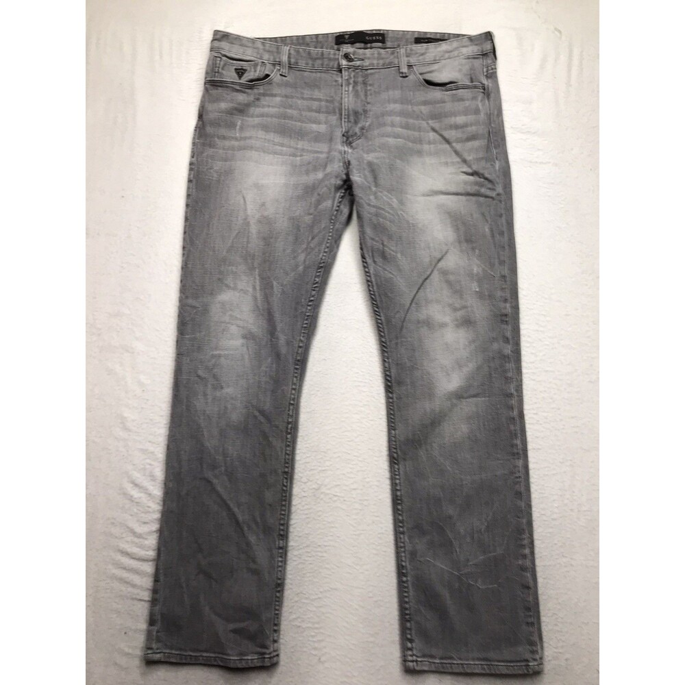 GUESS Slim Straight Jeans Men 38x30 Gray Distressed Stretch Whiskered
